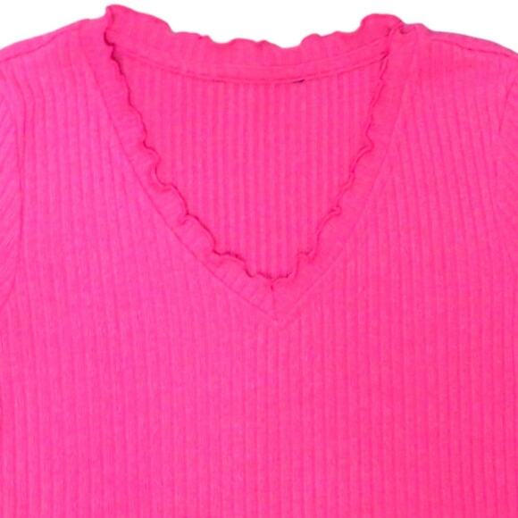 Vintage Crop Top Small, Pink V-Neck Short Sleeve Ribbed Shirt, Stretch - Picture 3 of 6